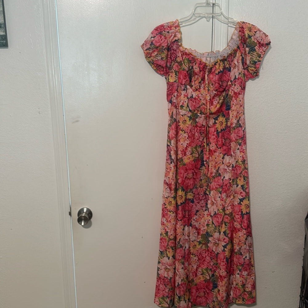 Boho Floral Print Off Shoulder Knot Front Split Thigh Dress
